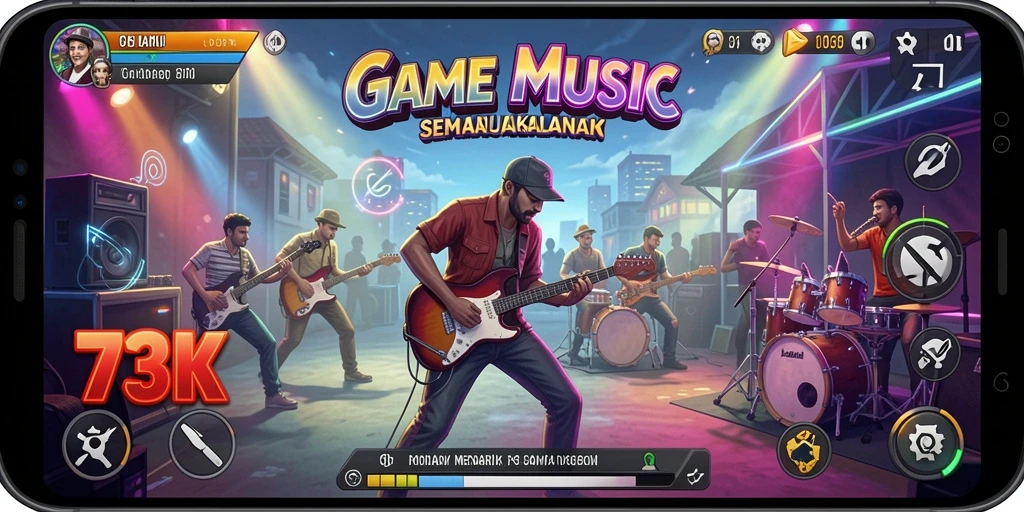 Tampilan gameplay <strong>73K</strong> yang menarik dengan berbagai alat musik.