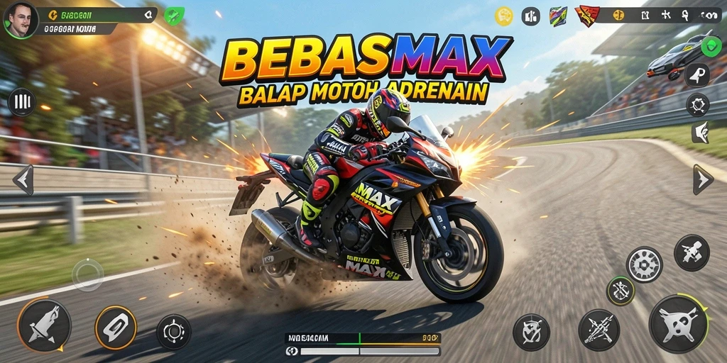 Screenshot gameplay BEBASMAX yang menampilkan aksi balap motor yang seru.
