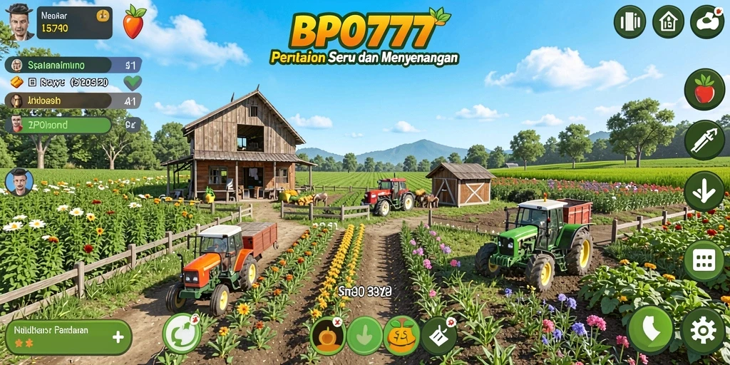 Tangkapan layar gameplay BPO777 menunjukkan lahan pertanian yang subur dan penuh warna.