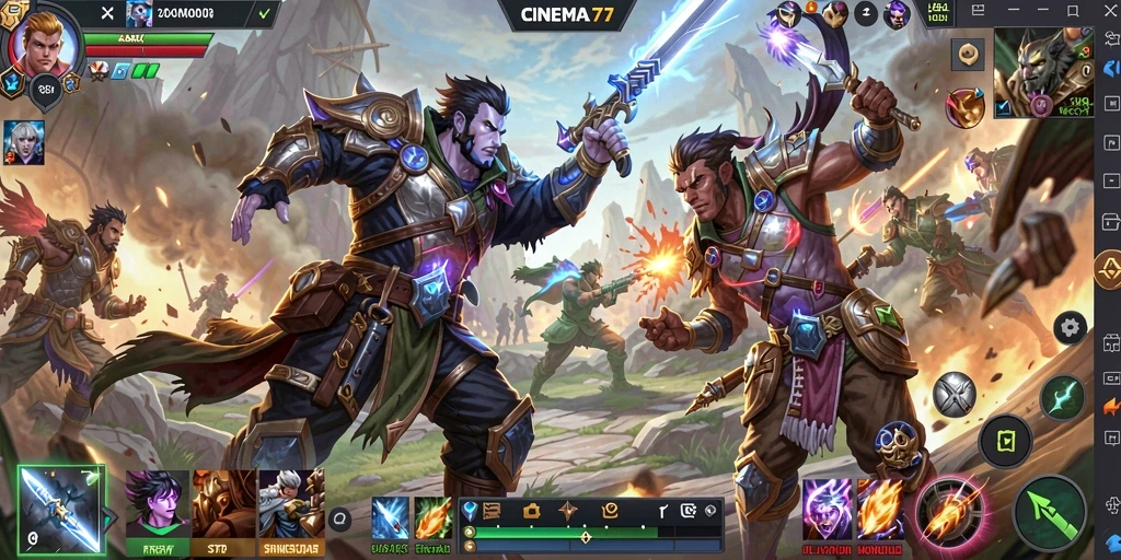 Tampilan seru pertempuran dalam CINEMA77 yang penuh aksi MOBA.