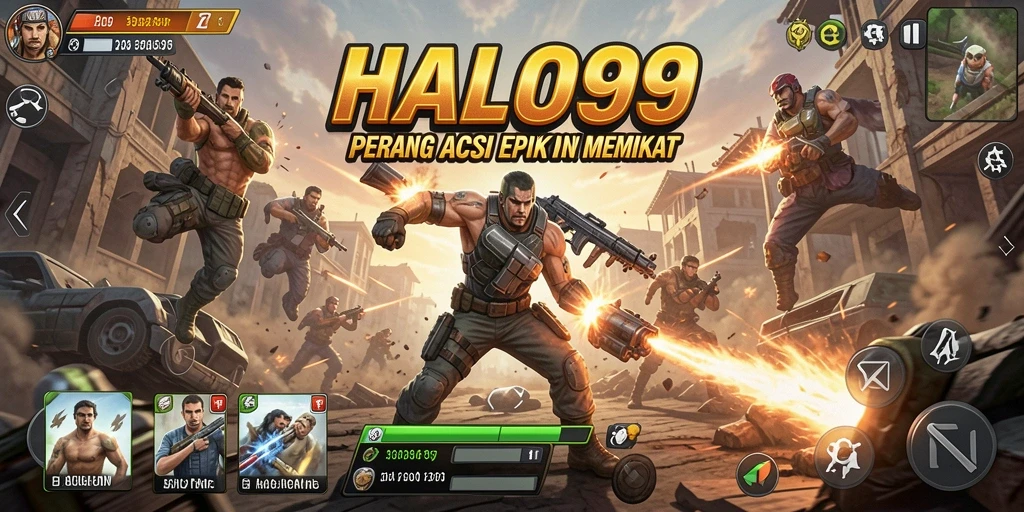 Screenshot utama HALO99 menunjukkan aksi pertempuran yang intens dan mendebarkan.