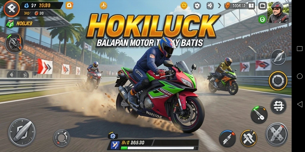 Tampilan gameplay HOKILUCK yang memacu adrenalin dan berkendara dengan motor.