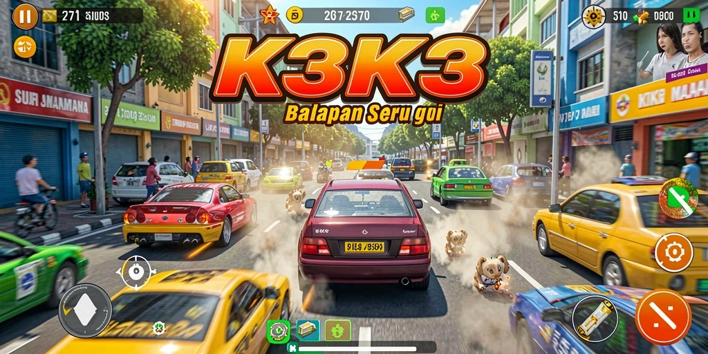 Screenshot K3K3 menampilkan aksi balapan yang mendebarkan di jalanan.