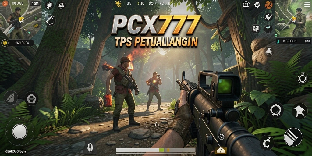 Screenshot utama PCX777 yang menampilkan aksi gameplay TPS yang intens.