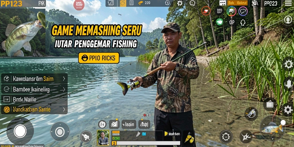 Screenshot gameplay PP123 menampilkan suasana memancing yang menenangkan.