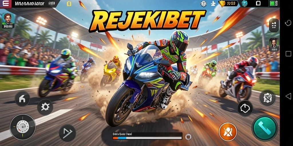Screenshot REJEKIBET menampilkan aksi balapan motor yang memukau.