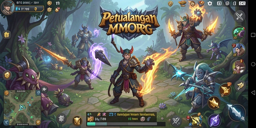 Screenshot menunjukkan pemain bertarung melawan monster dalam dunia ST789 yang luas.